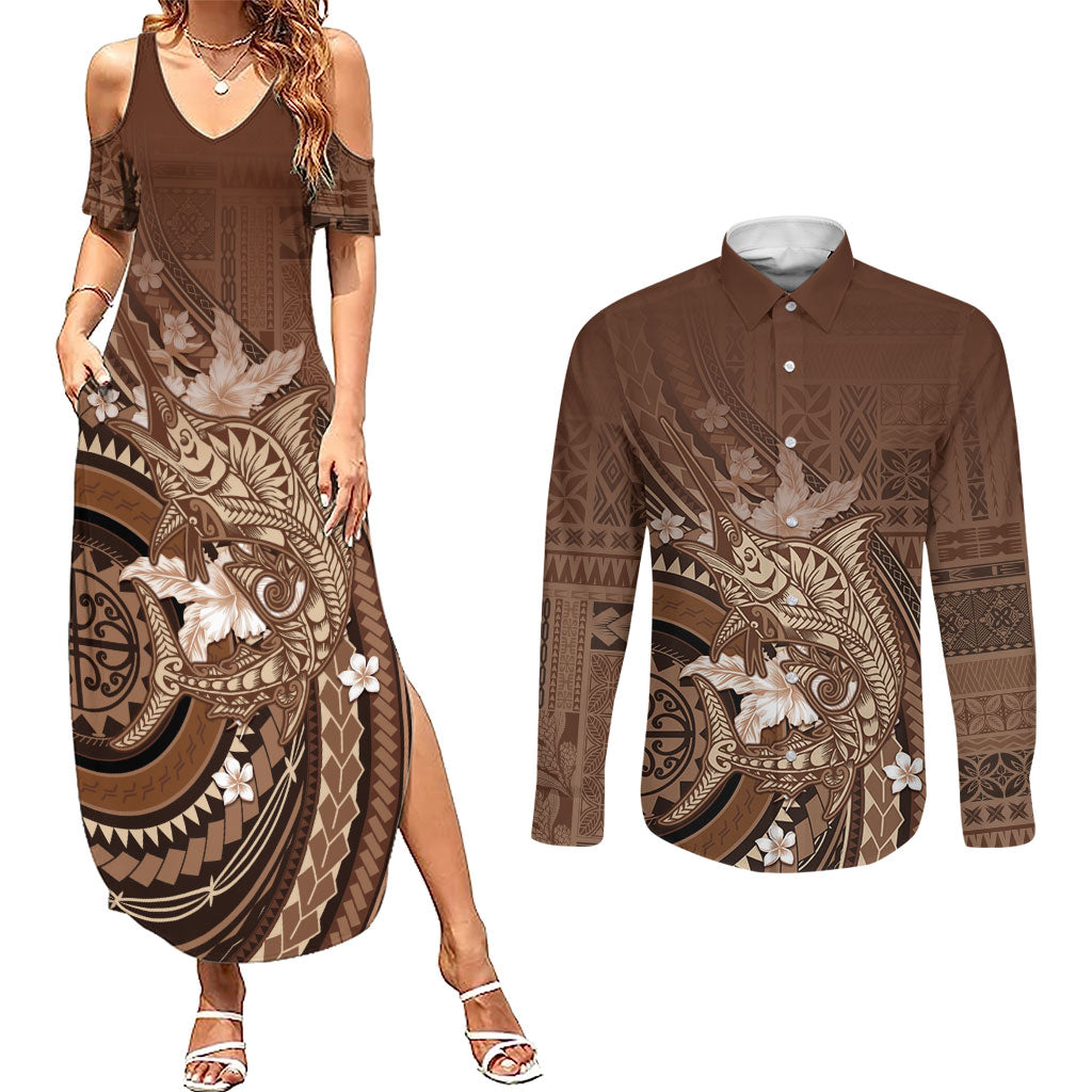 Samoa Tatau Marlin Couples Matching Summer Maxi Dress and Long Sleeve Button Shirt With Siapo Motifs Brown