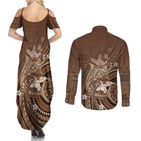Samoa Tatau Marlin Couples Matching Summer Maxi Dress and Long Sleeve Button Shirt With Siapo Motifs Brown