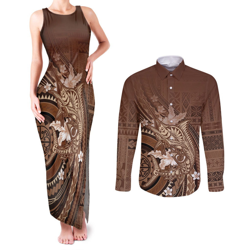 Samoa Tatau Marlin Couples Matching Tank Maxi Dress and Long Sleeve Button Shirt With Siapo Motifs Brown