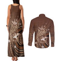 Samoa Tatau Marlin Couples Matching Tank Maxi Dress and Long Sleeve Button Shirt With Siapo Motifs Brown