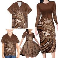 Samoa Tatau Marlin Family Matching Long Sleeve Bodycon Dress and Hawaiian Shirt With Siapo Motifs Brown LT05 - Polynesian Pride