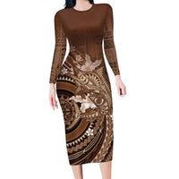 Samoa Tatau Marlin Family Matching Long Sleeve Bodycon Dress and Hawaiian Shirt With Siapo Motifs Brown LT05 Mom's Dress Brown - Polynesian Pride