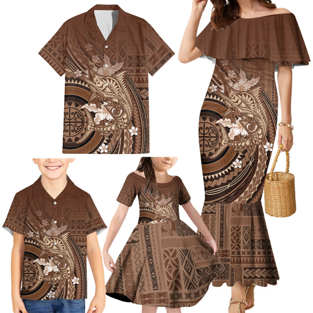Samoa Tatau Marlin Family Matching Mermaid Dress and Hawaiian Shirt With Siapo Motifs Brown LT05 - Polynesian Pride