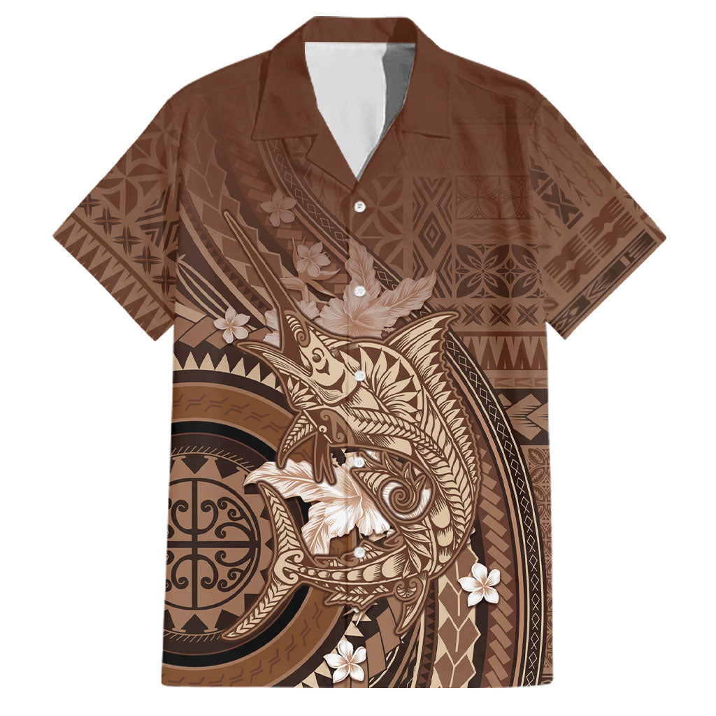 Samoa Tatau Marlin Family Matching Mermaid Dress and Hawaiian Shirt With Siapo Motifs Brown LT05 Dad's Shirt - Short Sleeve Brown - Polynesian Pride