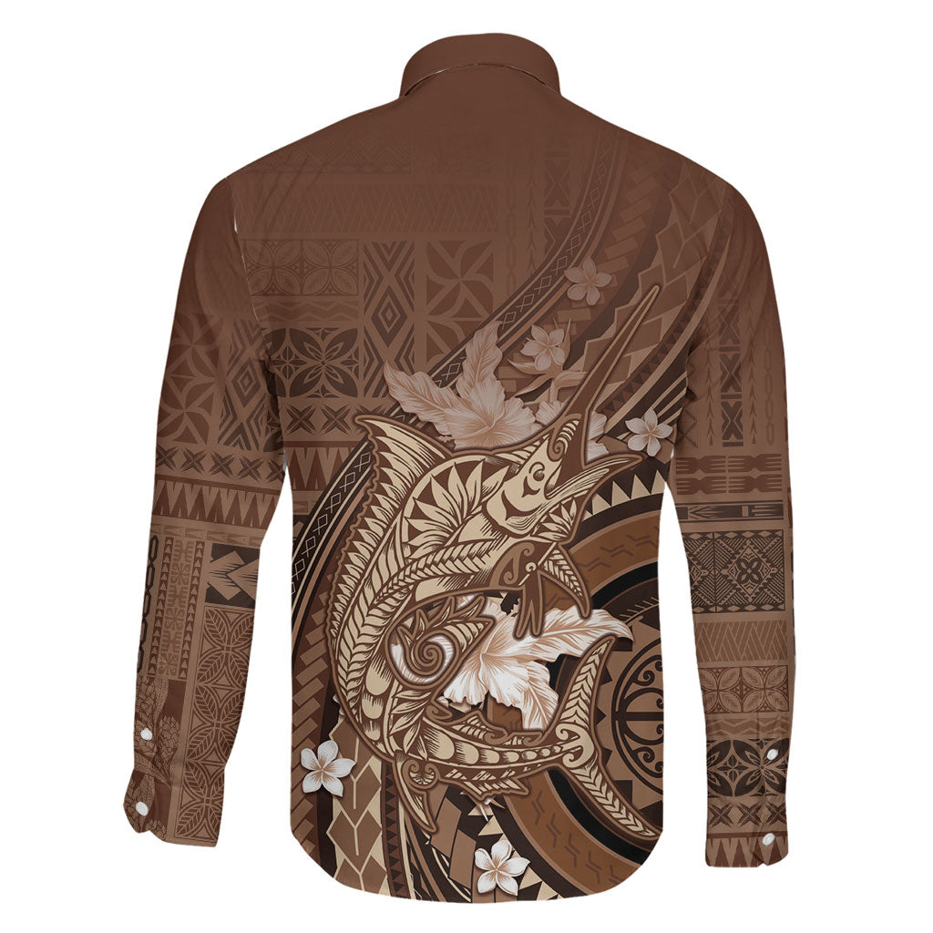 Samoa Tatau Marlin Family Matching Mermaid Dress and Hawaiian Shirt With Siapo Motifs Brown LT05 - Polynesian Pride
