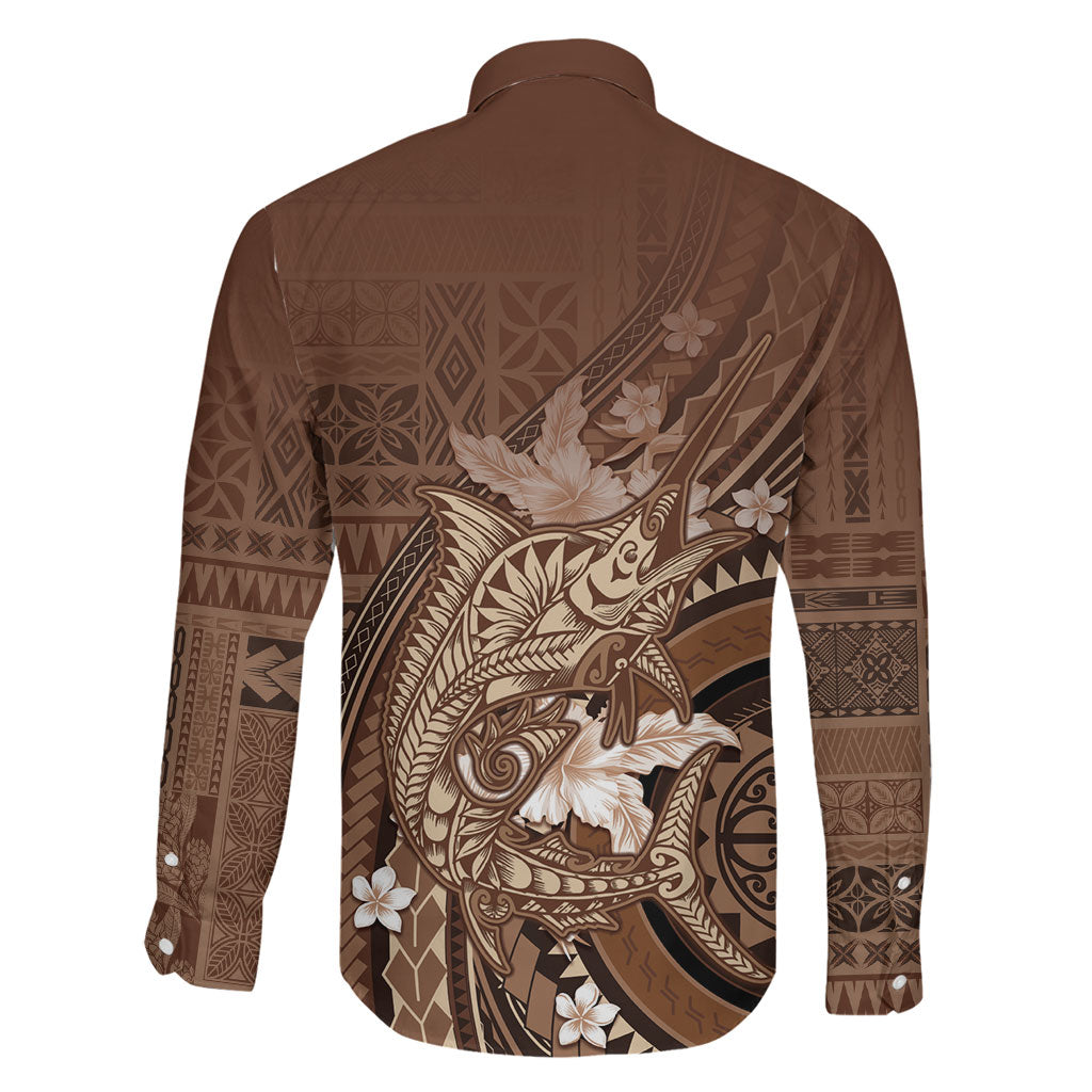 Samoa Tatau Marlin Family Matching Off The Shoulder Long Sleeve Dress and Hawaiian Shirt With Siapo Motifs Brown LT05 - Polynesian Pride