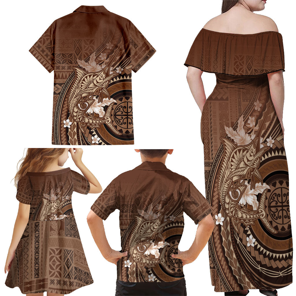 Samoa Tatau Marlin Family Matching Off Shoulder Maxi Dress and Hawaiian Shirt With Siapo Motifs Brown