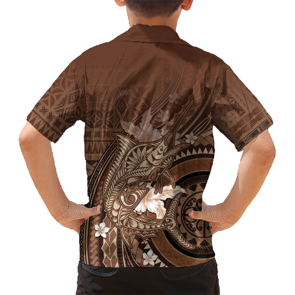 Samoa Tatau Marlin Family Matching Off Shoulder Short Dress and Hawaiian Shirt With Siapo Motifs Brown LT05 - Polynesian Pride