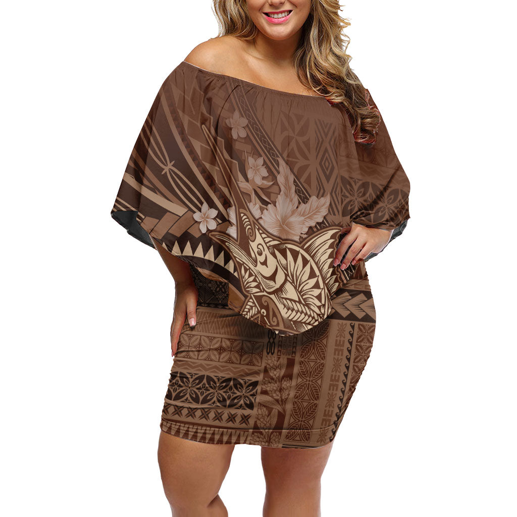 Samoa Tatau Marlin Family Matching Off Shoulder Short Dress and Hawaiian Shirt With Siapo Motifs Brown LT05 Mom's Dress Brown - Polynesian Pride