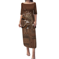 Samoa Tatau Marlin Family Matching Puletasi and Hawaiian Shirt With Siapo Motifs Brown