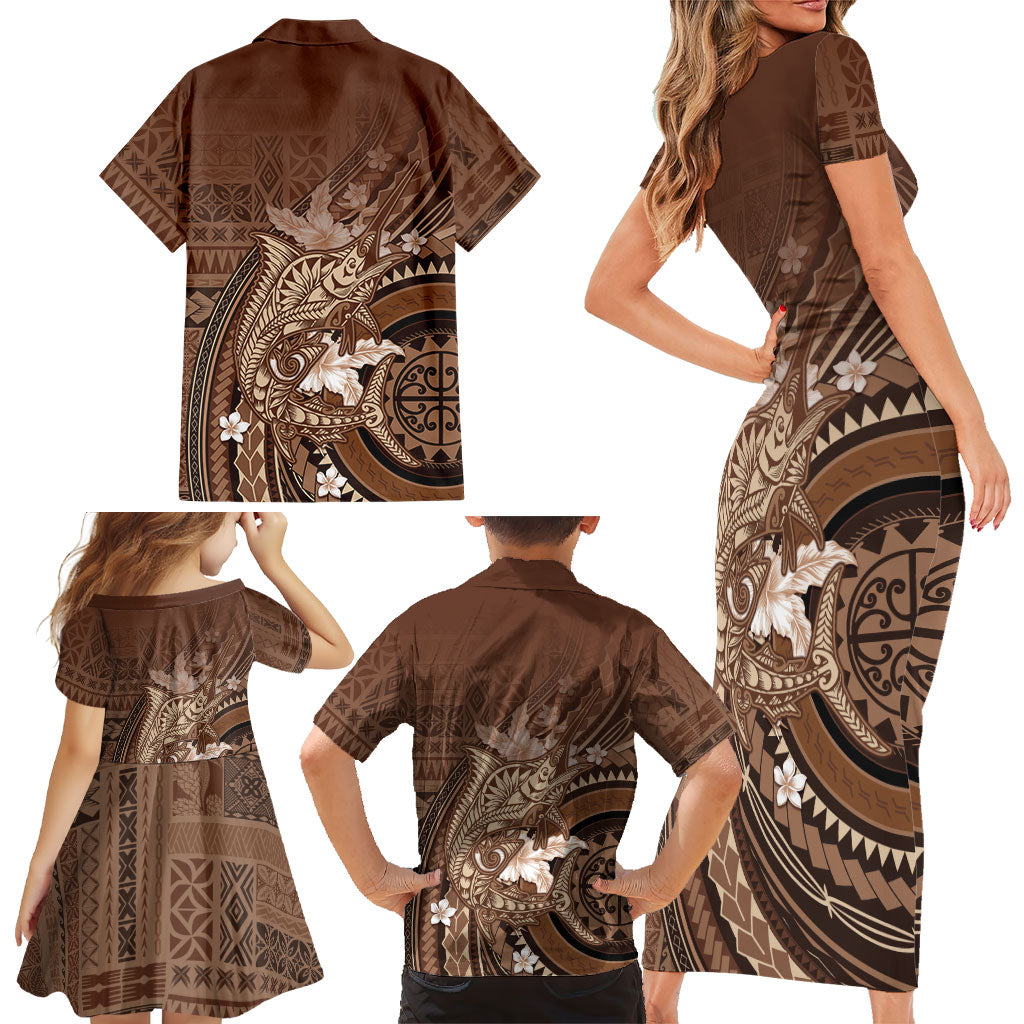 Samoa Tatau Marlin Family Matching Short Sleeve Bodycon Dress and Hawaiian Shirt With Siapo Motifs Brown LT05 - Polynesian Pride