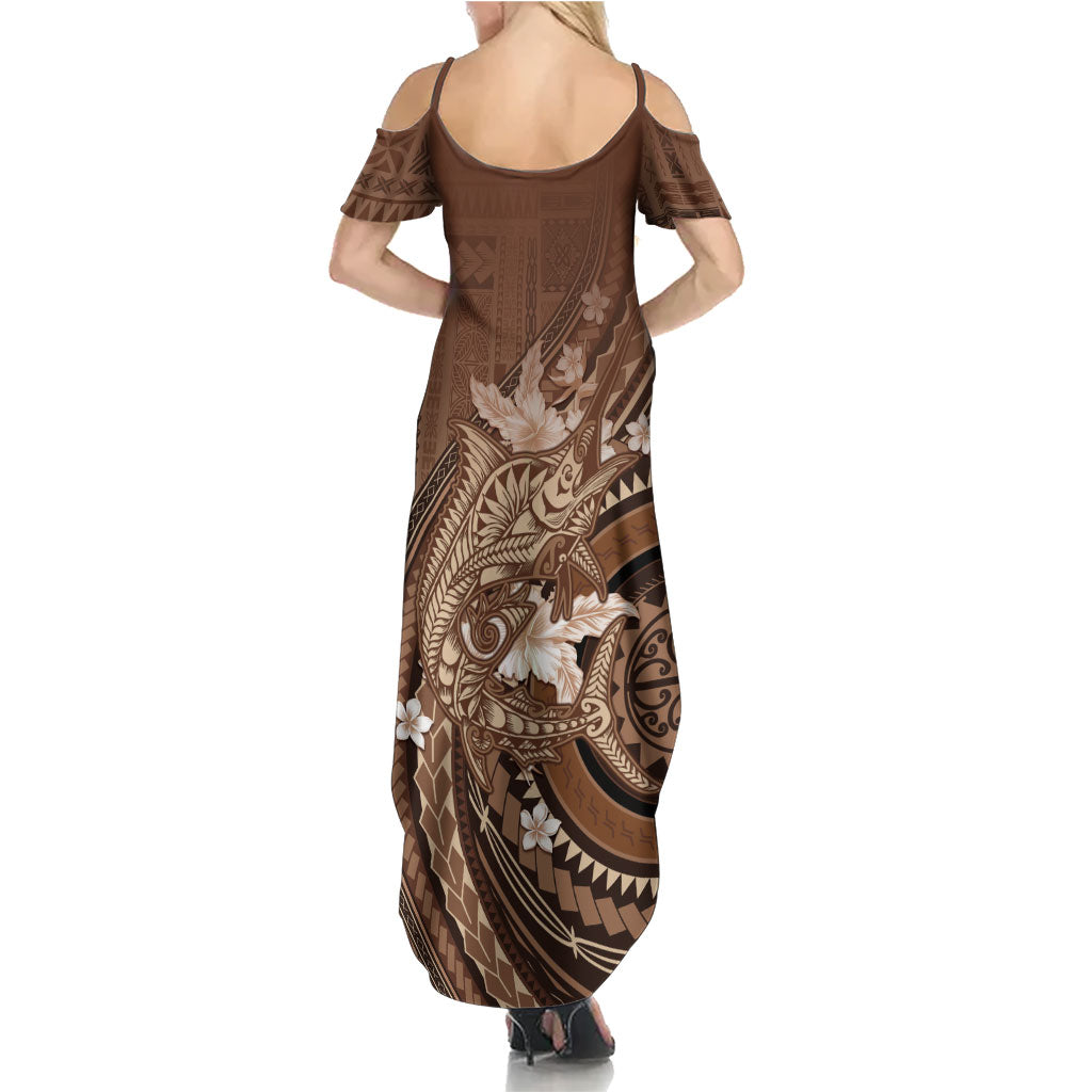 Samoa Tatau Marlin Family Matching Summer Maxi Dress and Hawaiian Shirt With Siapo Motifs Brown