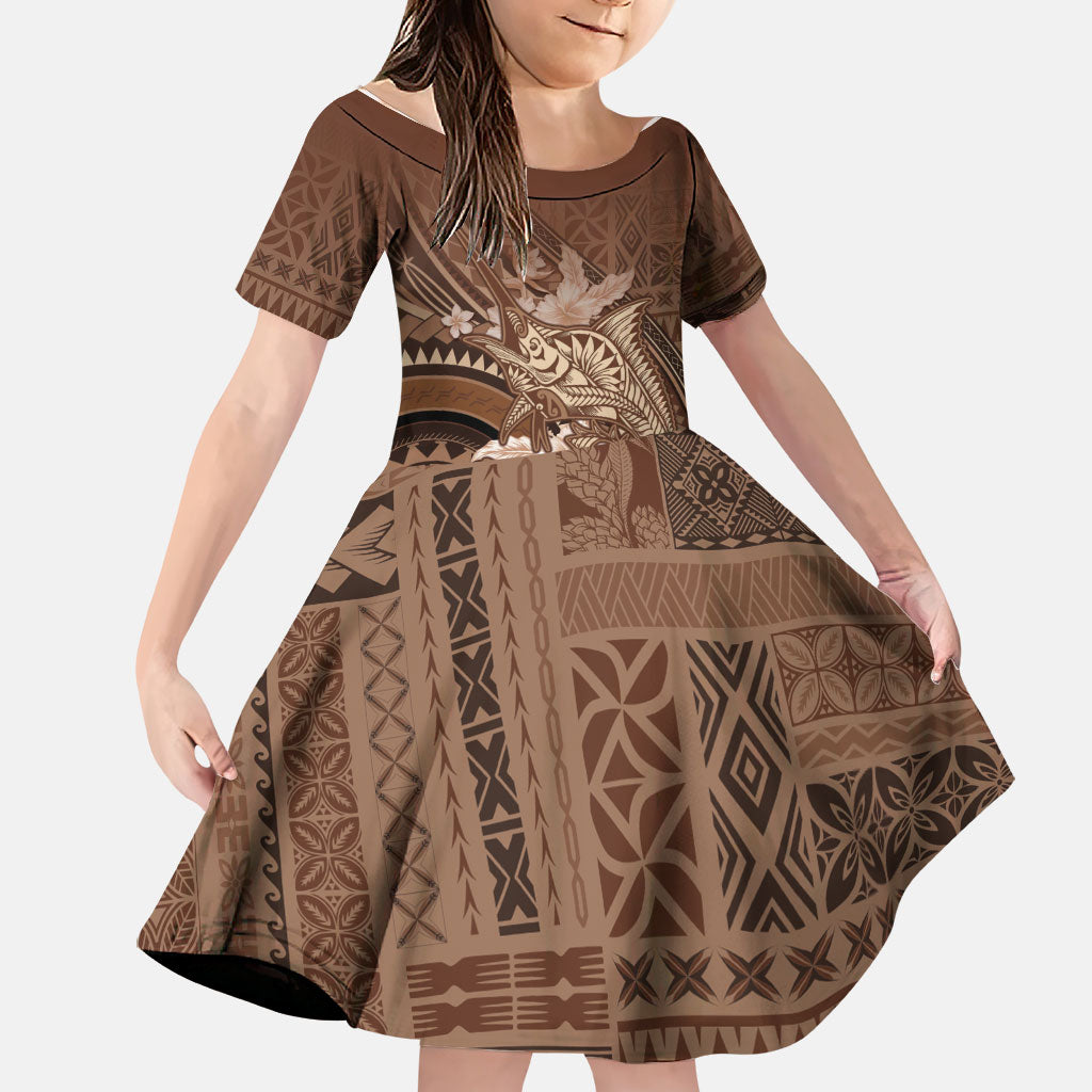 Samoa Tatau Marlin Family Matching Tank Maxi Dress and Hawaiian Shirt With Siapo Motifs Brown LT05 Daughter's Dress Brown - Polynesian Pride