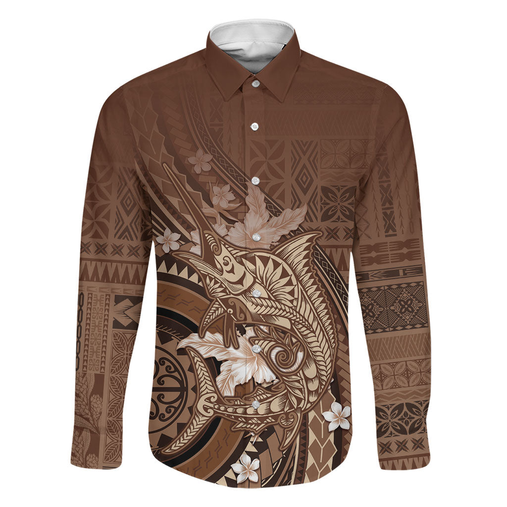 Samoa Tatau Marlin Family Matching Tank Maxi Dress and Hawaiian Shirt With Siapo Motifs Brown LT05 Dad's Shirt - Long Sleeve Brown - Polynesian Pride