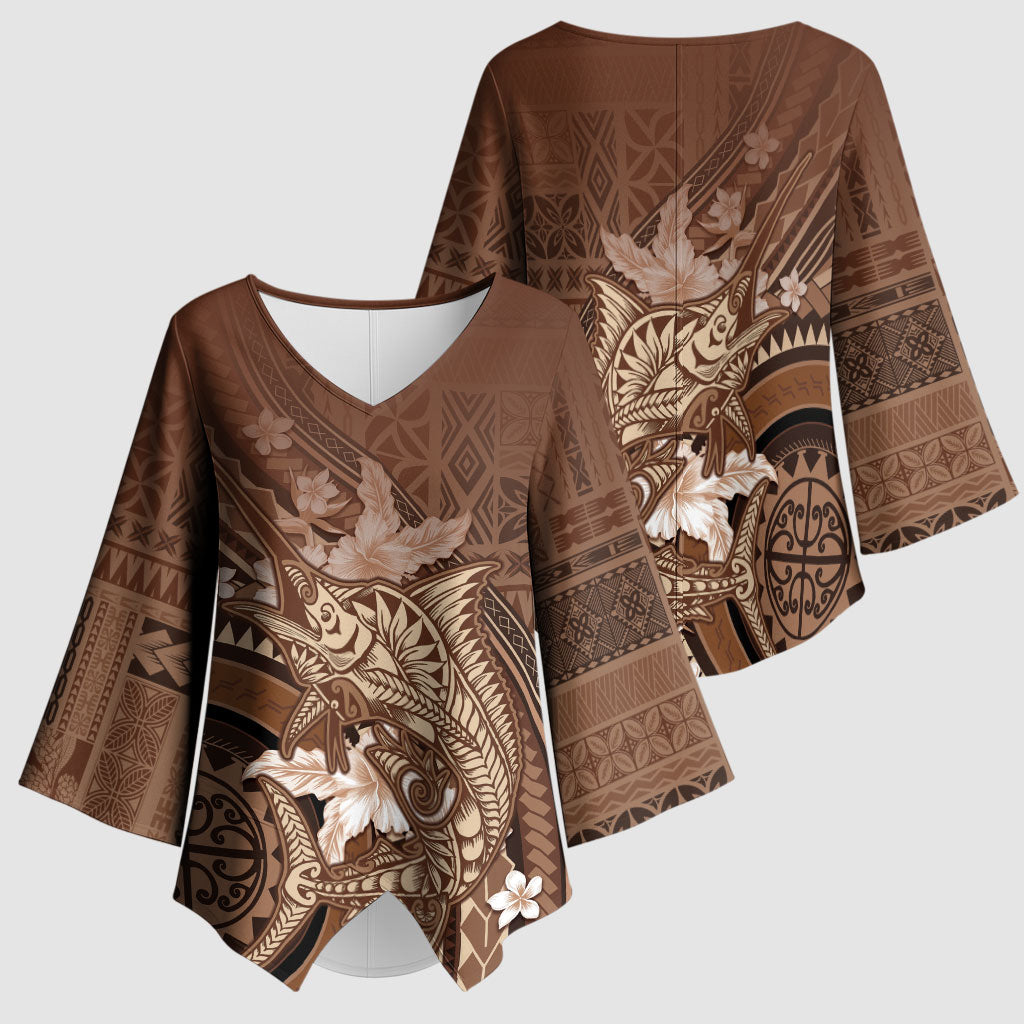 Samoa Tatau Marlin Kimono Sleeve Blouse With Siapo Motifs Brown