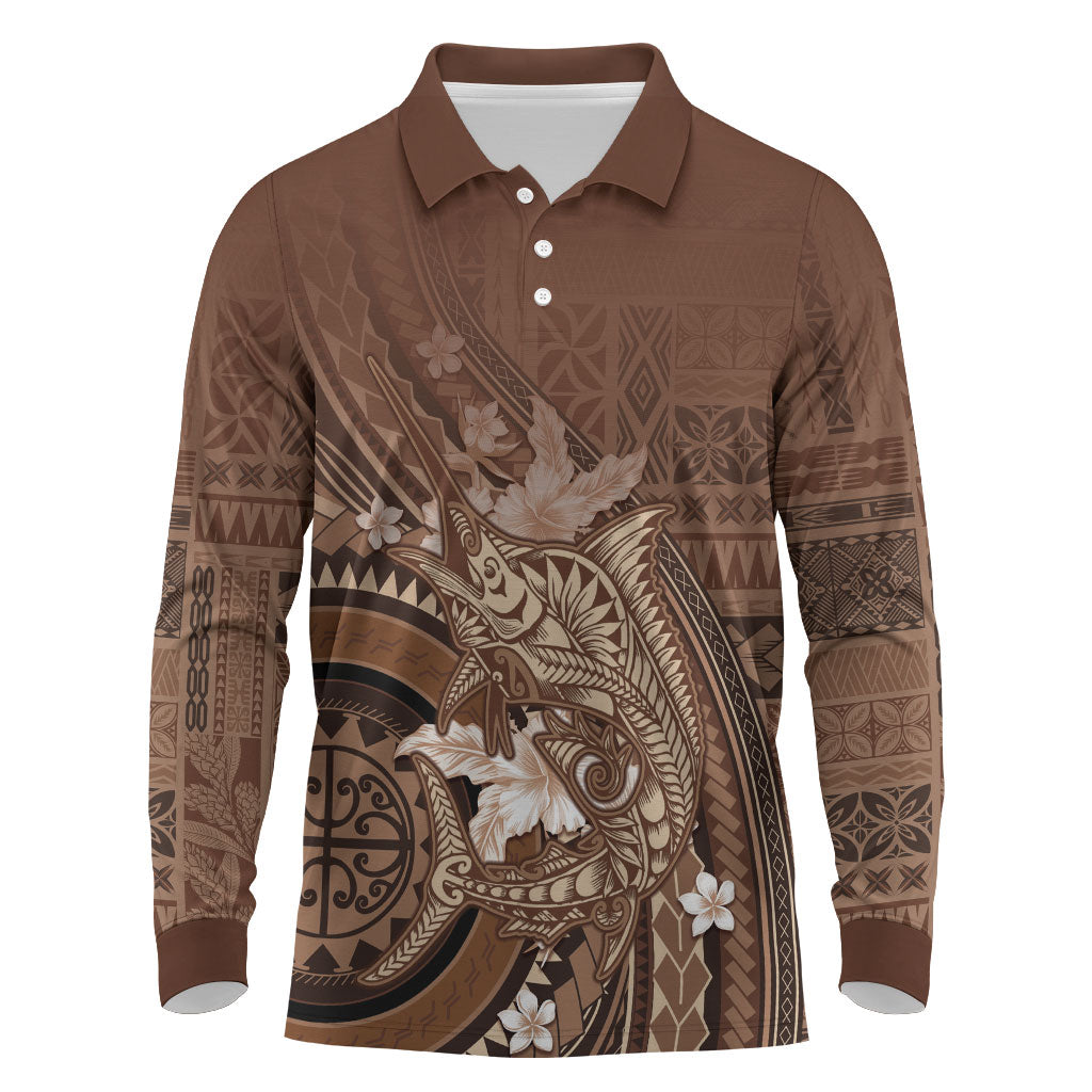Samoa Tatau Marlin Long Sleeve Polo Shirt With Siapo Motifs Brown