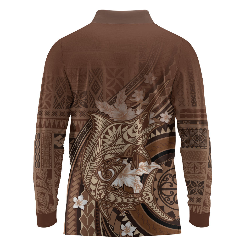 Samoa Tatau Marlin Long Sleeve Polo Shirt With Siapo Motifs Brown