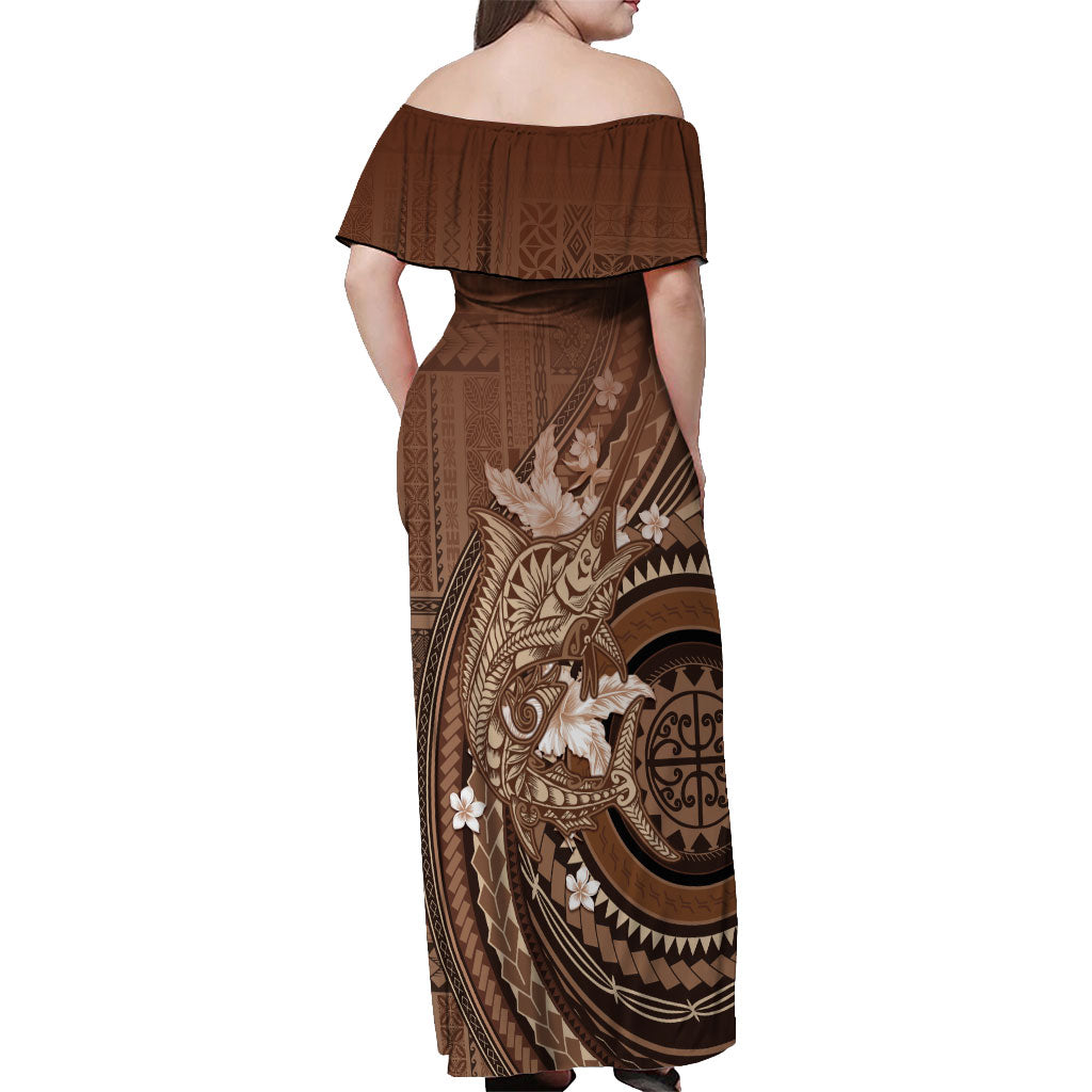 Samoa Tatau Marlin Off Shoulder Maxi Dress With Siapo Motifs Brown