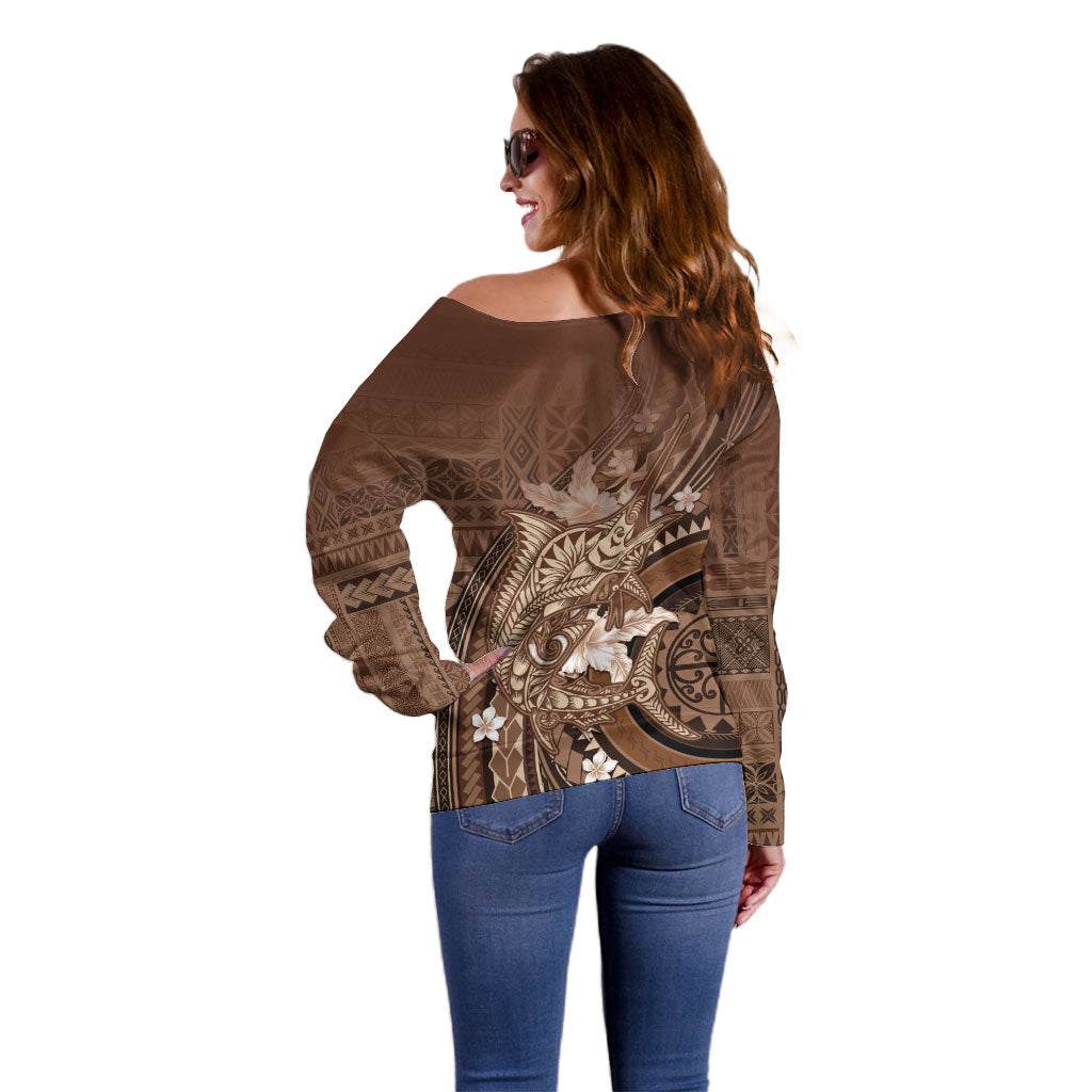 Samoa Tatau Marlin Off Shoulder Sweater With Siapo Motifs Brown