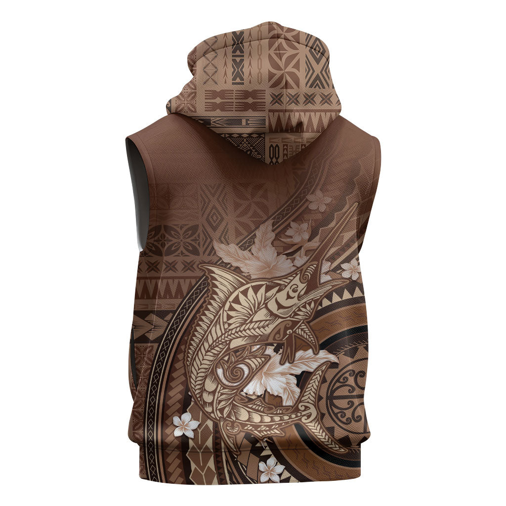 Samoa Tatau Marlin Sleeveless Hoodie With Siapo Motifs Brown