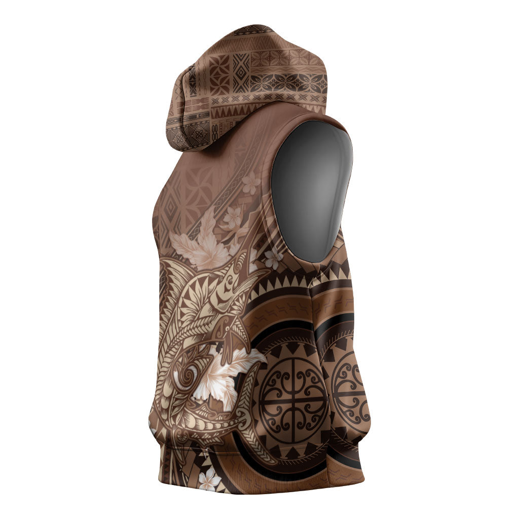 Samoa Tatau Marlin Sleeveless Hoodie With Siapo Motifs Brown