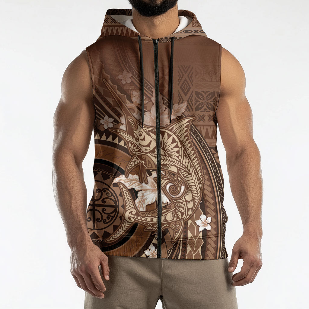 Samoa Tatau Marlin Sleeveless Zip Hoodie With Siapo Motifs Brown