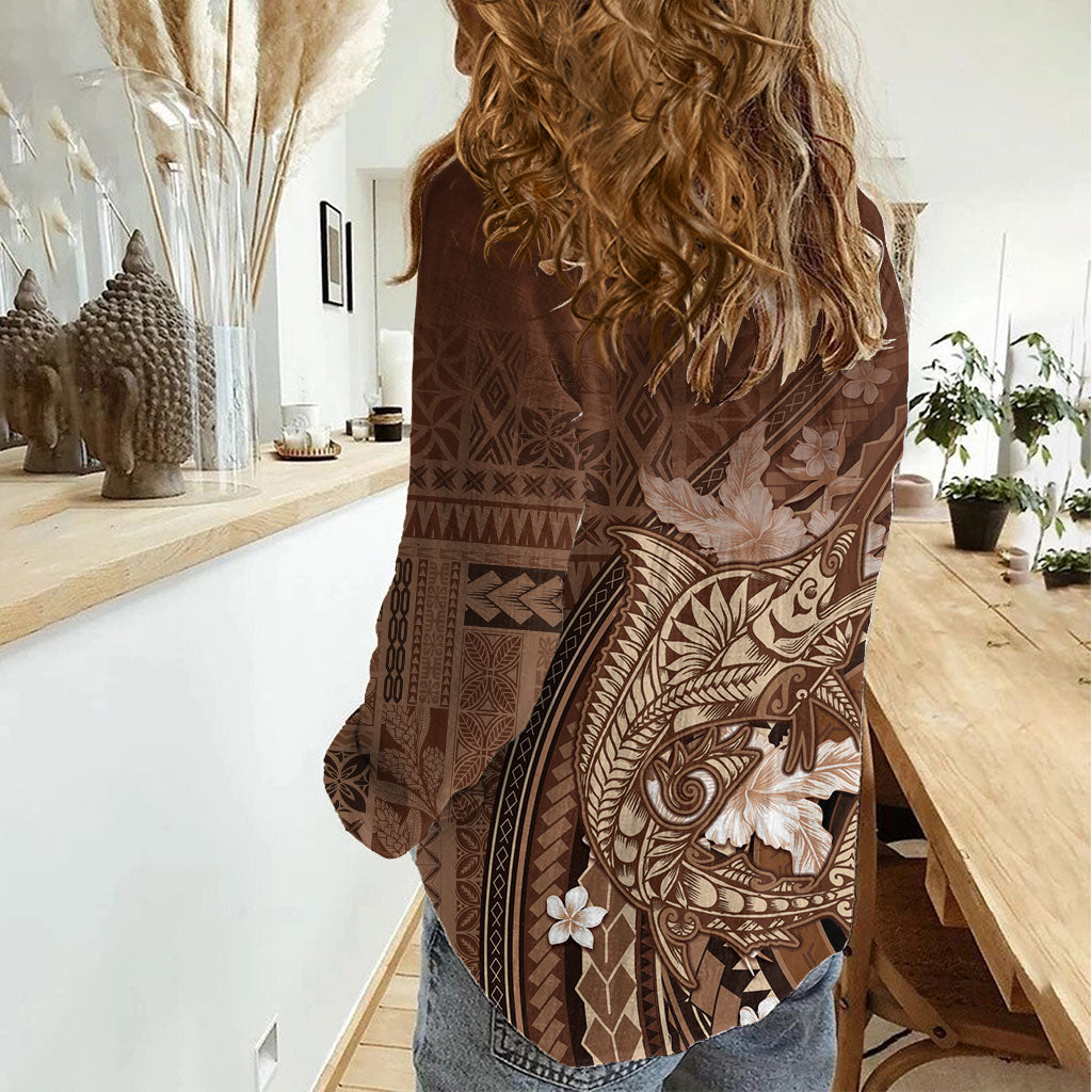 Samoa Tatau Marlin Women Casual Shirt With Siapo Motifs Brown