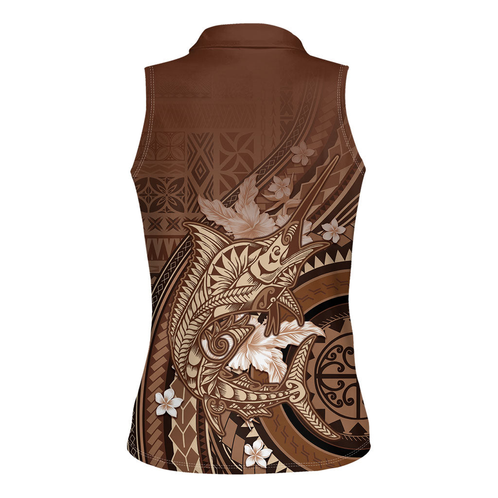 Samoa Tatau Marlin Women Sleeveless Polo Shirt With Siapo Motifs Brown