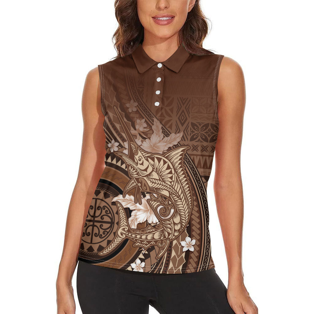 Samoa Tatau Marlin Women Sleeveless Polo Shirt With Siapo Motifs Brown