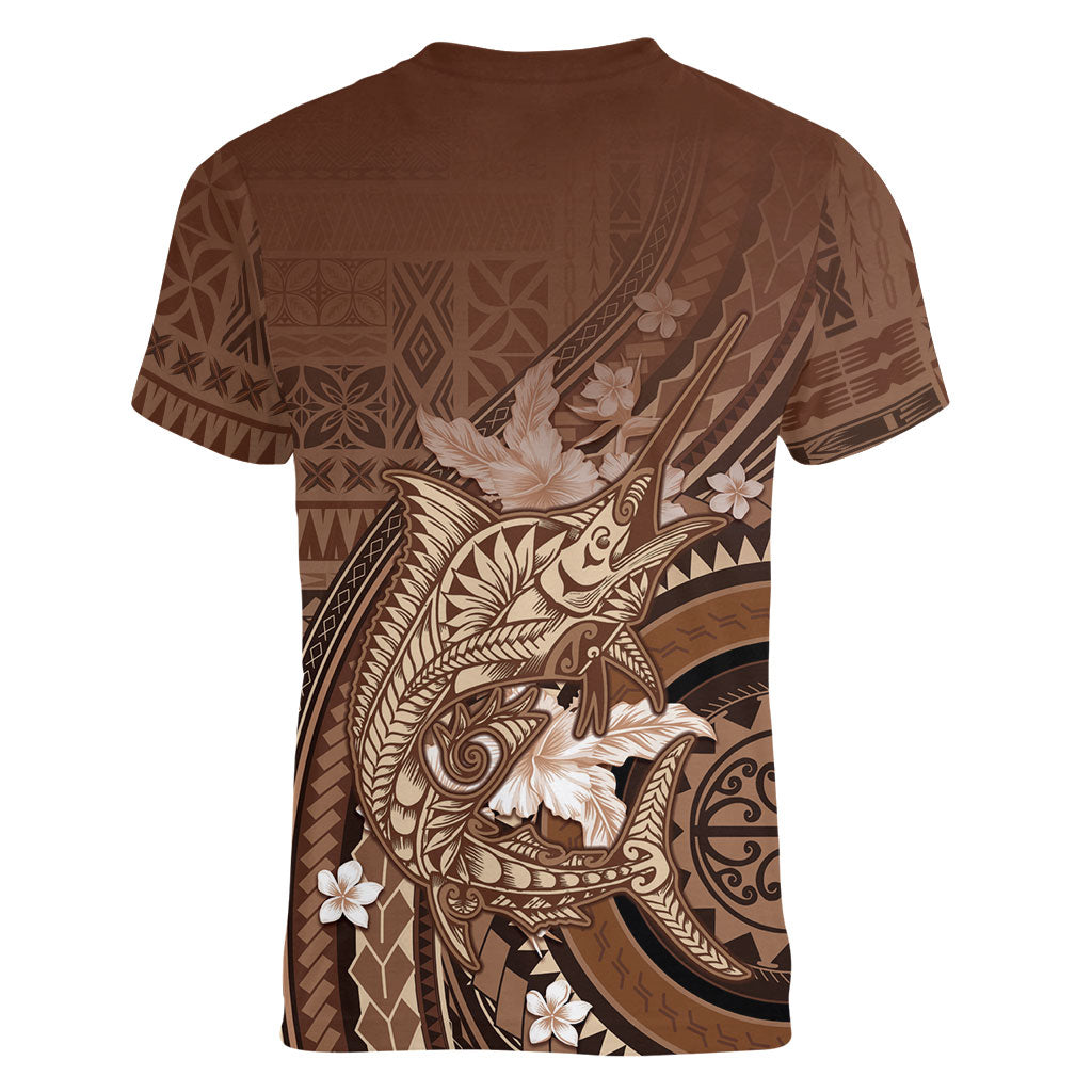 Samoa Tatau Marlin Women V-Neck T-Shirt With Siapo Motifs Brown