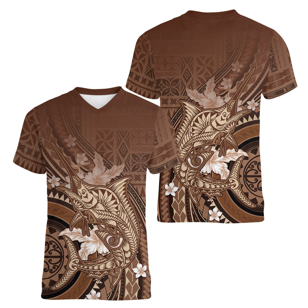 Samoa Tatau Marlin Women V-Neck T-Shirt With Siapo Motifs Brown
