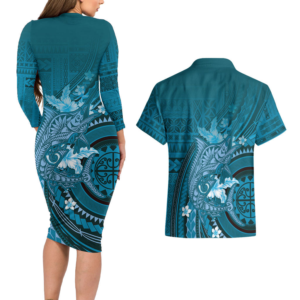 Samoa Tatau Marlin Couples Matching Long Sleeve Bodycon Dress and Hawaiian Shirt With Siapo Motifs Teal