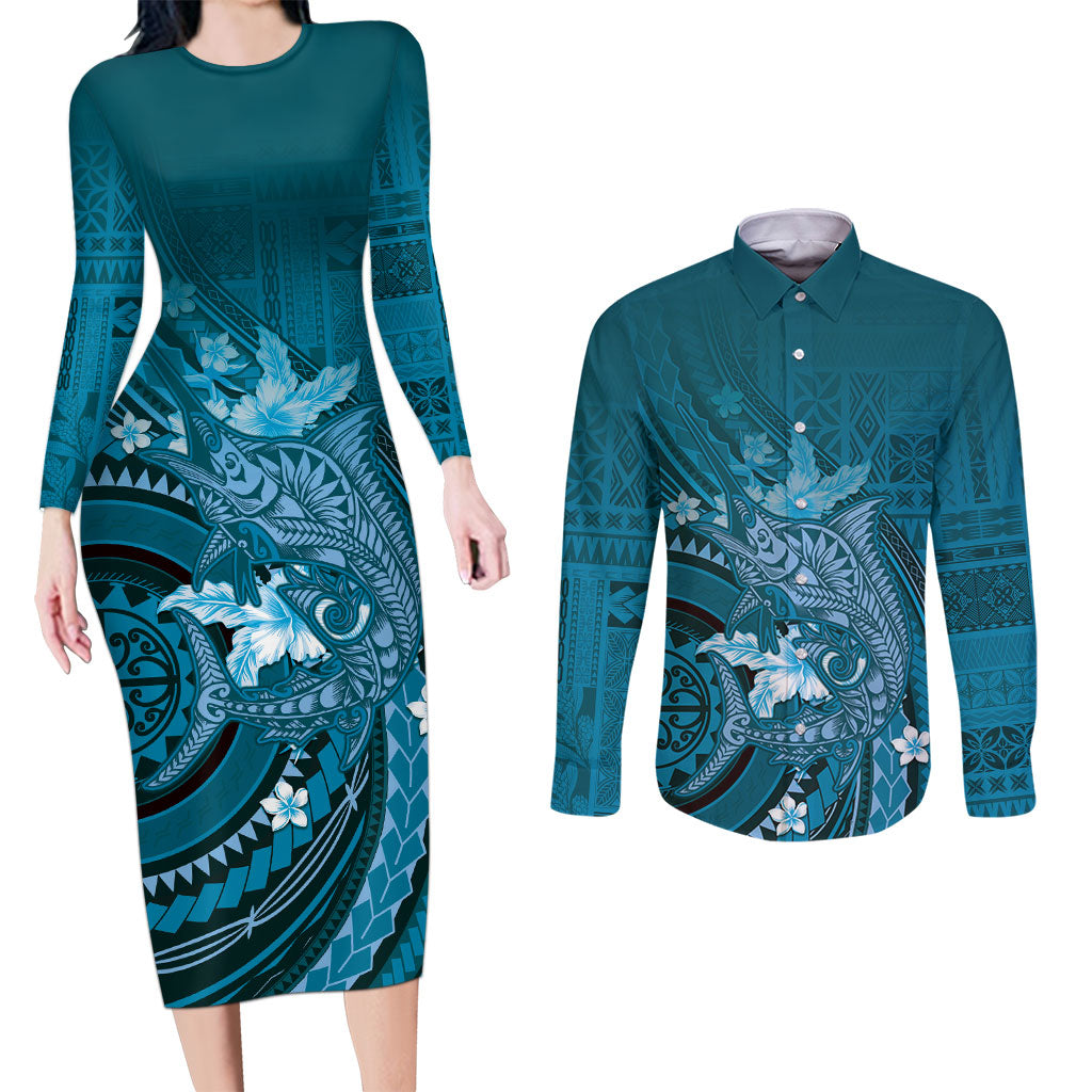 Samoa Tatau Marlin Couples Matching Long Sleeve Bodycon Dress and Long Sleeve Button Shirt With Siapo Motifs Teal LT05 Teal - Polynesian Pride