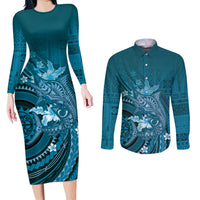 Samoa Tatau Marlin Couples Matching Long Sleeve Bodycon Dress and Long Sleeve Button Shirt With Siapo Motifs Teal LT05 Teal - Polynesian Pride