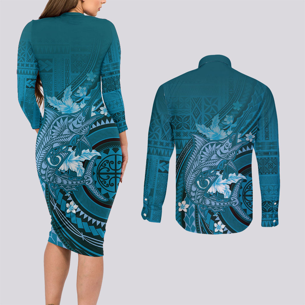 Samoa Tatau Marlin Couples Matching Long Sleeve Bodycon Dress and Long Sleeve Button Shirt With Siapo Motifs Teal LT05 - Polynesian Pride