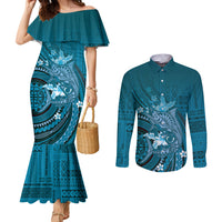 Samoa Tatau Marlin Couples Matching Mermaid Dress and Long Sleeve Button Shirt With Siapo Motifs Teal