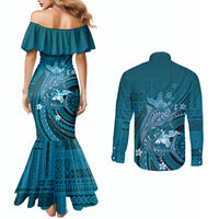 Samoa Tatau Marlin Couples Matching Mermaid Dress and Long Sleeve Button Shirt With Siapo Motifs Teal
