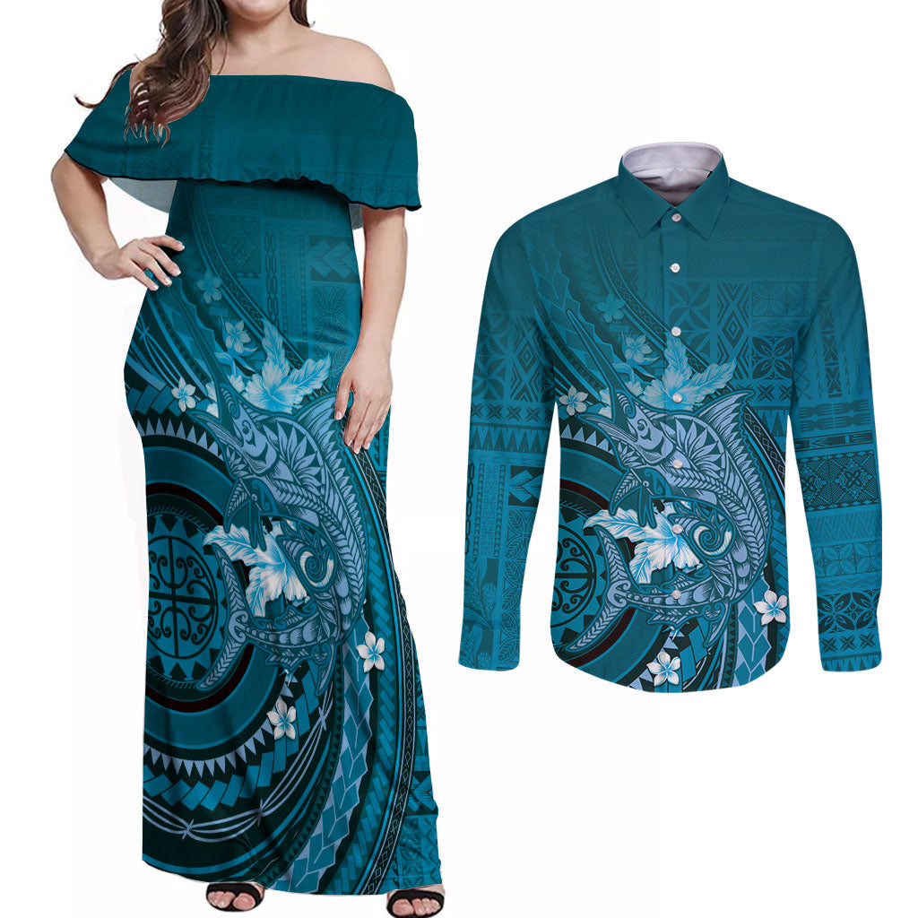 Samoa Tatau Marlin Couples Matching Off Shoulder Maxi Dress and Long Sleeve Button Shirt With Siapo Motifs Teal
