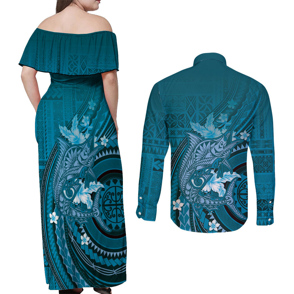 Samoa Tatau Marlin Couples Matching Off Shoulder Maxi Dress and Long Sleeve Button Shirt With Siapo Motifs Teal