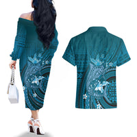 Samoa Tatau Marlin Couples Matching Off The Shoulder Long Sleeve Dress and Hawaiian Shirt With Siapo Motifs Teal