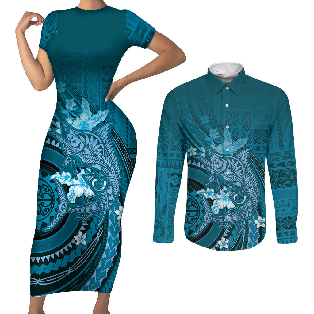 Samoa Tatau Marlin Couples Matching Short Sleeve Bodycon Dress and Long Sleeve Button Shirt With Siapo Motifs Teal