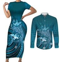 Samoa Tatau Marlin Couples Matching Short Sleeve Bodycon Dress and Long Sleeve Button Shirt With Siapo Motifs Teal