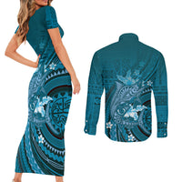 Samoa Tatau Marlin Couples Matching Short Sleeve Bodycon Dress and Long Sleeve Button Shirt With Siapo Motifs Teal