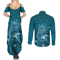Samoa Tatau Marlin Couples Matching Summer Maxi Dress and Long Sleeve Button Shirt With Siapo Motifs Teal