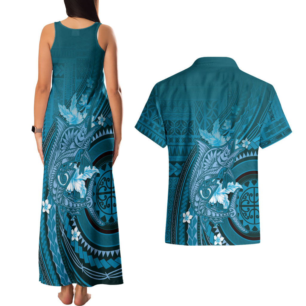 Samoa Tatau Marlin Couples Matching Tank Maxi Dress and Hawaiian Shirt With Siapo Motifs Teal
