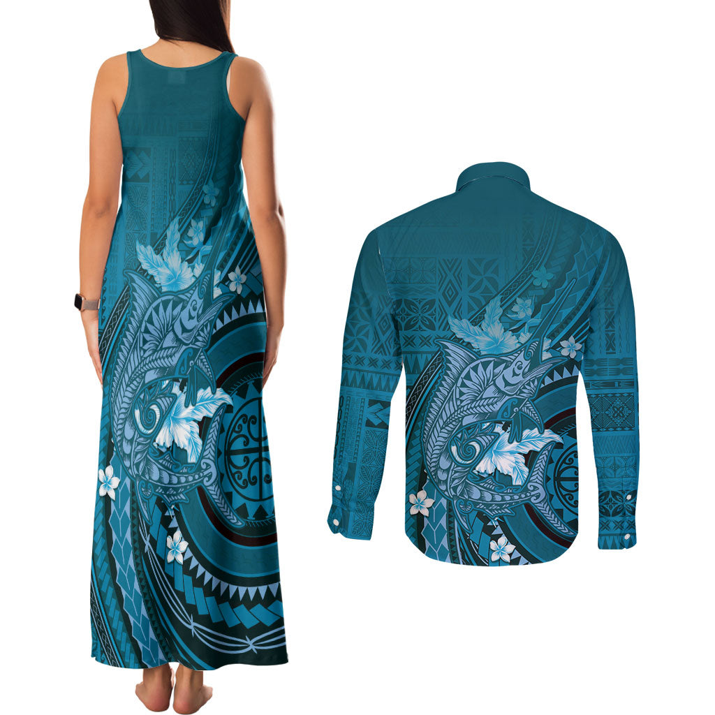 Samoa Tatau Marlin Couples Matching Tank Maxi Dress and Long Sleeve Button Shirt With Siapo Motifs Teal