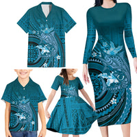 Samoa Tatau Marlin Family Matching Long Sleeve Bodycon Dress and Hawaiian Shirt With Siapo Motifs Teal LT05 - Polynesian Pride