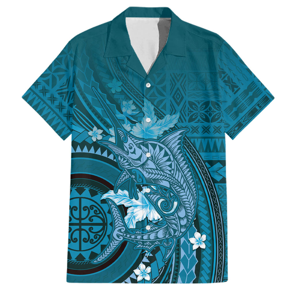 Samoa Tatau Marlin Family Matching Long Sleeve Bodycon Dress and Hawaiian Shirt With Siapo Motifs Teal LT05 Dad's Shirt - Short Sleeve Teal - Polynesian Pride