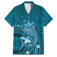 Samoa Tatau Marlin Family Matching Long Sleeve Bodycon Dress and Hawaiian Shirt With Siapo Motifs Teal LT05 Dad's Shirt - Short Sleeve Teal - Polynesian Pride
