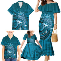 Samoa Tatau Marlin Family Matching Mermaid Dress and Hawaiian Shirt With Siapo Motifs Teal LT05 - Polynesian Pride